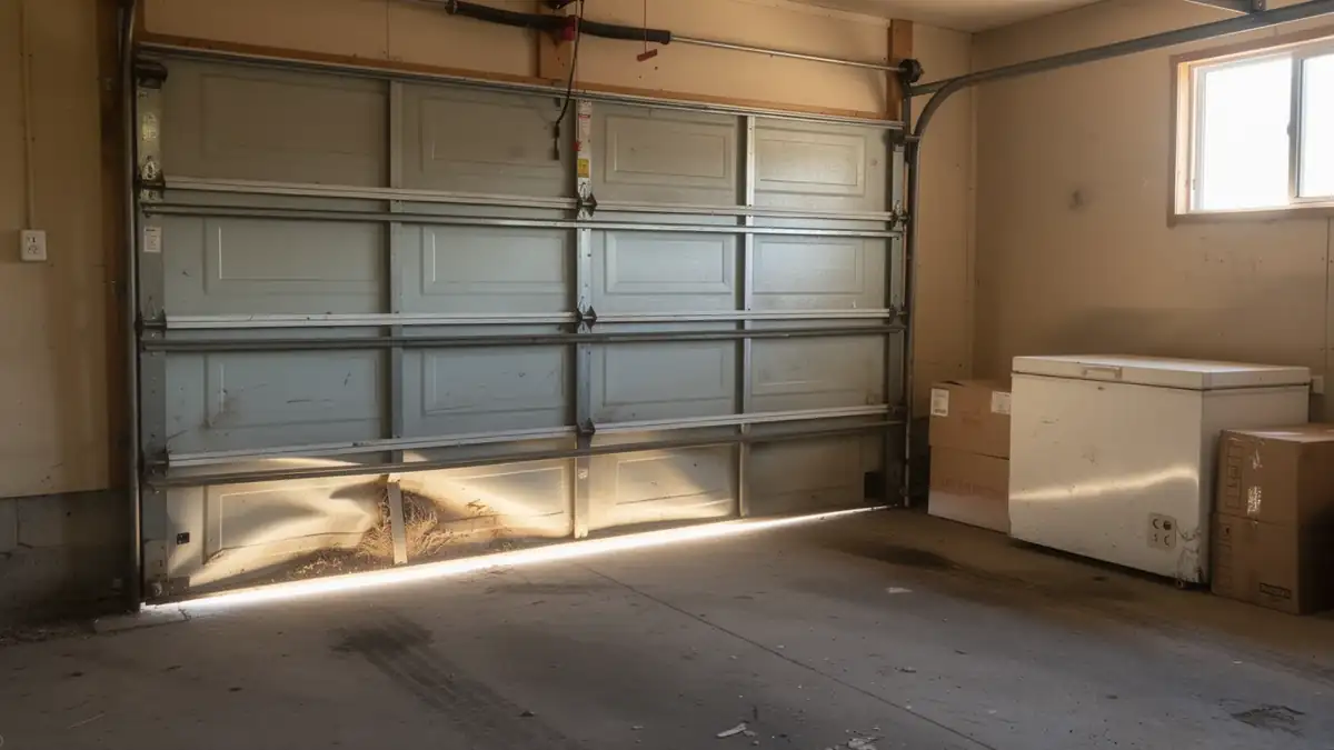 The gray garage door is partially open, with sunlight shining into the garage.