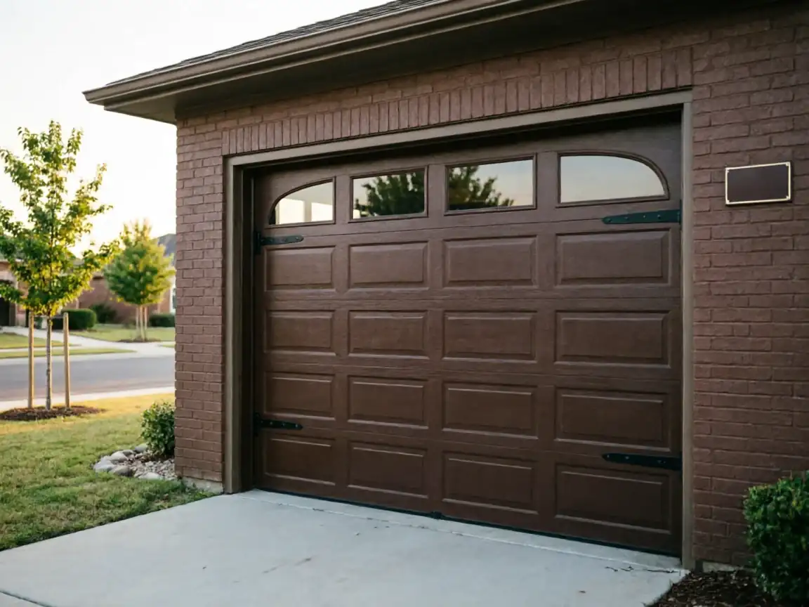 The brown garage door has decorative windows and black hardware on a brick house.