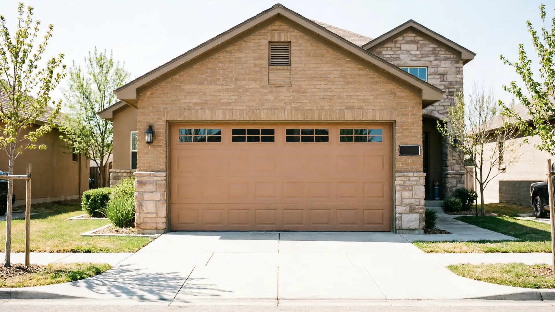 The house has a brown garage door with windows and a brick facade.