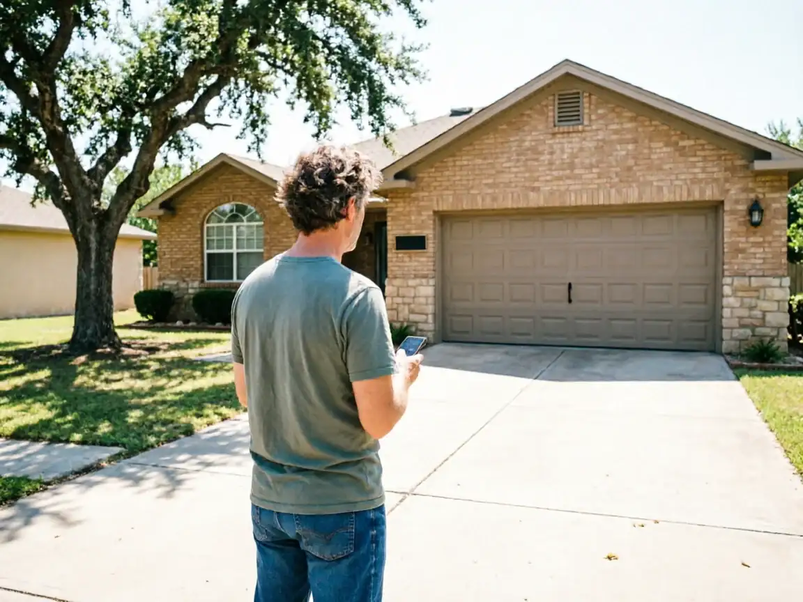 A man stands in a driveway looking at a house with a closed garage door.