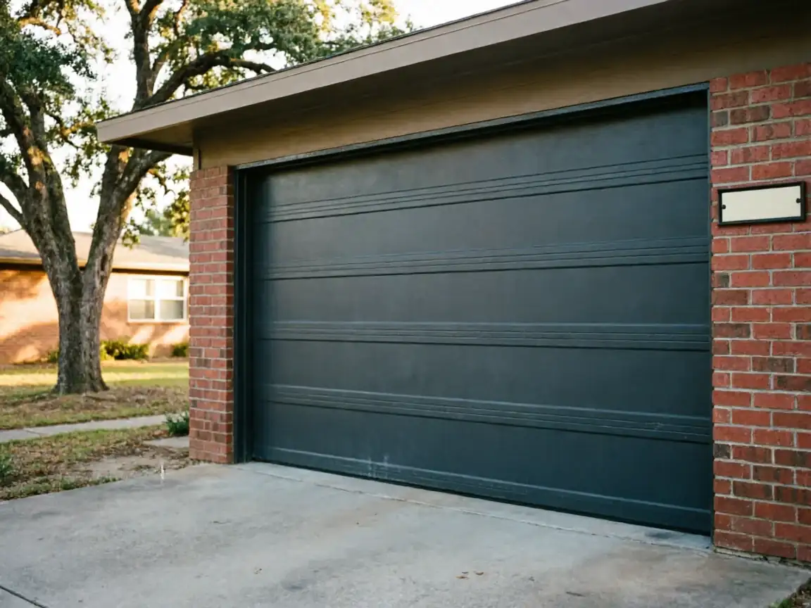 A dark gray garage door is installed in a brick house.