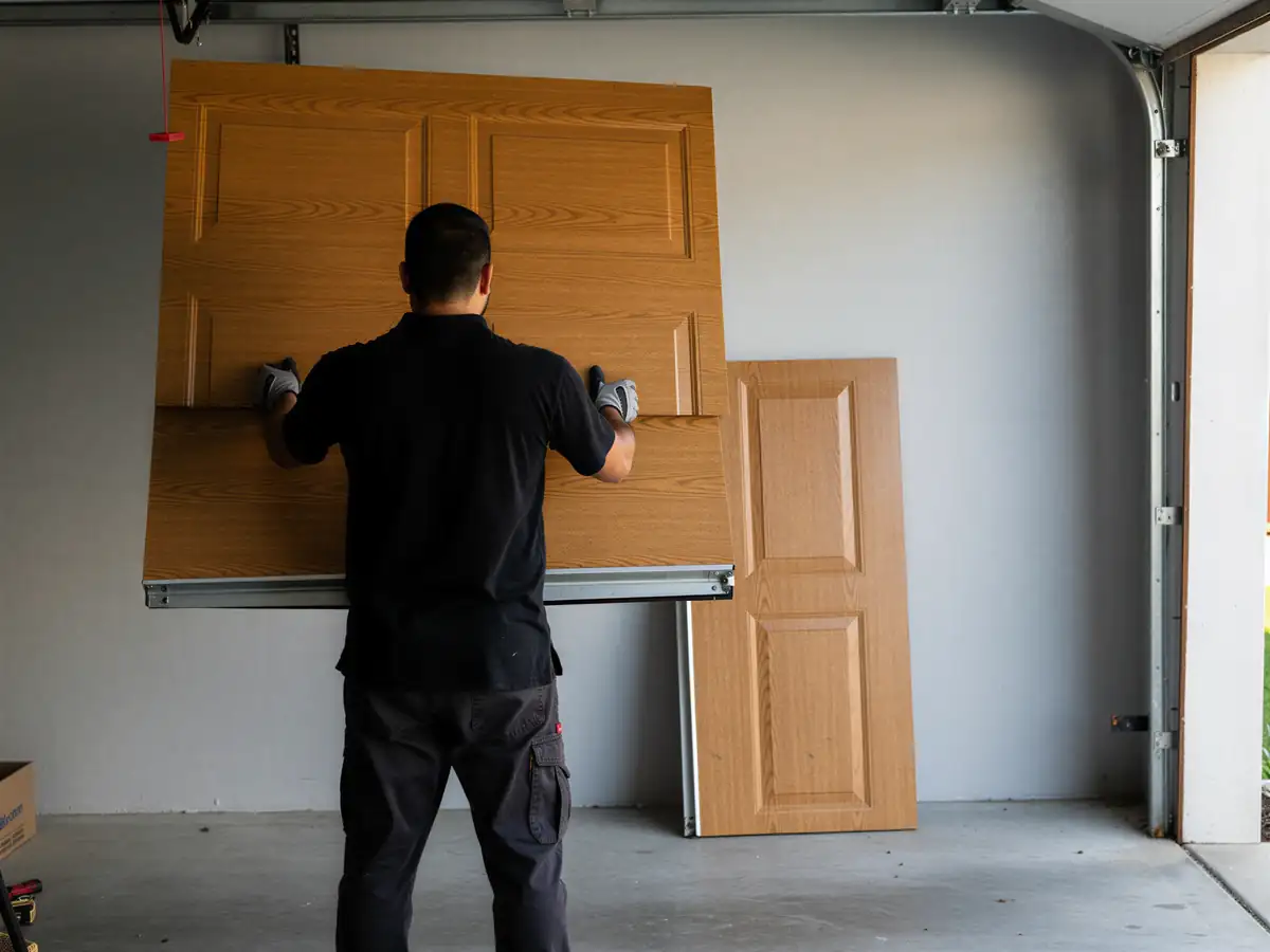 A technician installs a new wood-look garage door panel, with another panel on the floor.